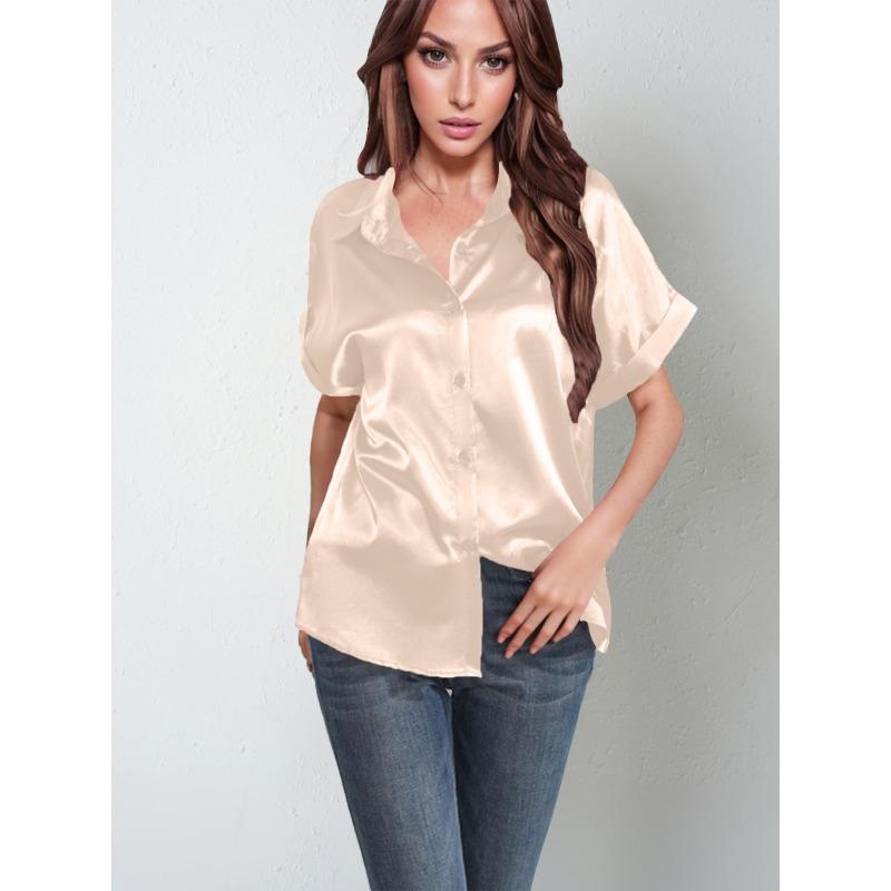 European American Denim Short-sleeved Satin Button-down Shirt Casual Loose Top for Women