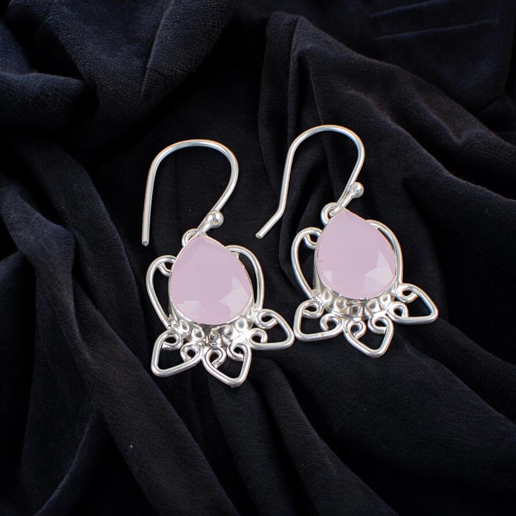 Rose Chalcedony Gemstone 925 Sterling Silver Stylish Jewelry Earrings For Sister EE-40-15