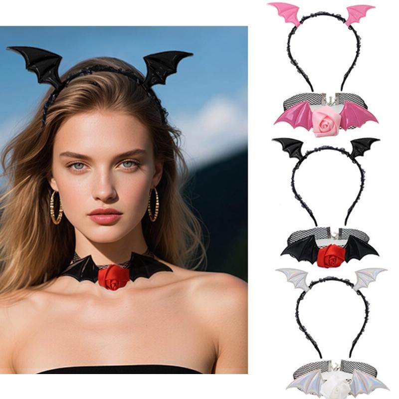 Halloween Devil Costume Set Devil Bat Headband Lace Choker Demons Cosplay Accessories for Carnivals Themed Party Props