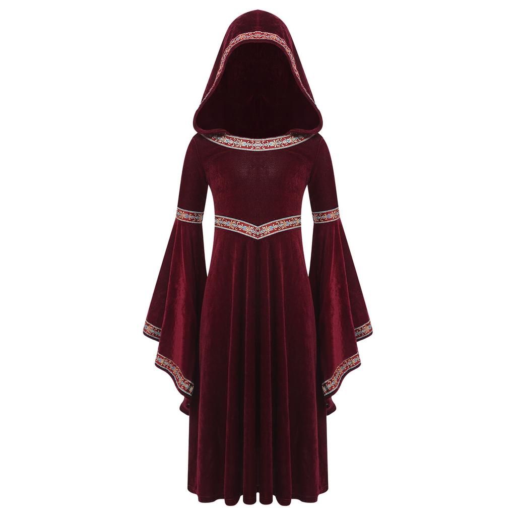 Kids Girls Halloween Princess Robe: Complete Medieval Cosplay Outfit with Hood, Trumpet Sleeves & Detailed Embroidery