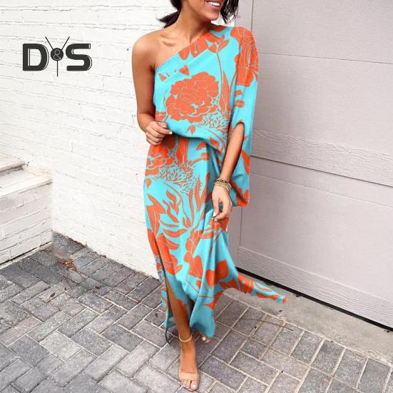 Women's One Shoulder Maxi Dress Batwing Sleeves Floral Printed Split Long Dress Pleated High Waist Cocktail Party Dress