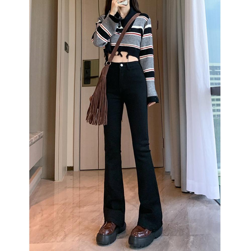 0763 Versatile Casual High-waisted Micro-flared Jeans Women's Spring and Autumn New Fashion Horseshoe Micro-pulled Jeans Tide