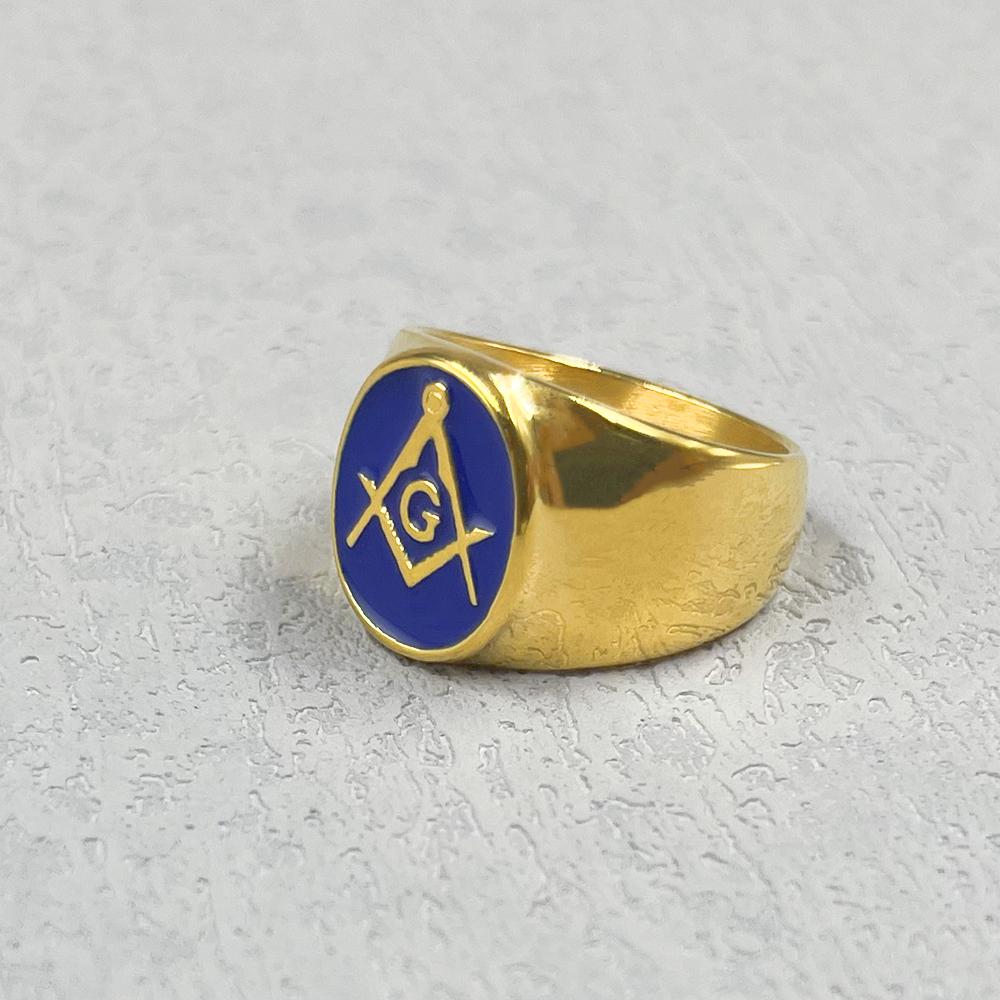 Blue AG Stainless Steel Ring Men Vintage Gold Color Male Hiphop Rock Man Rings Retro Free Mason Freemasonry Masonic Punk