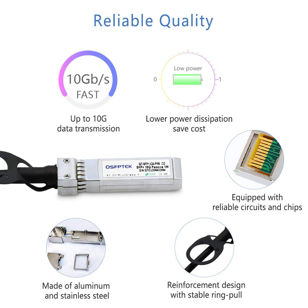 QSFPTEK 10G SFP+ DAC Cable, 1m (3ft) Passive Direct Attach Copper Twinax Cable for Cisco SFP-H10GB-CU1M, Ubiquiti, D-Link, Netgear, Mikrotik, and Open