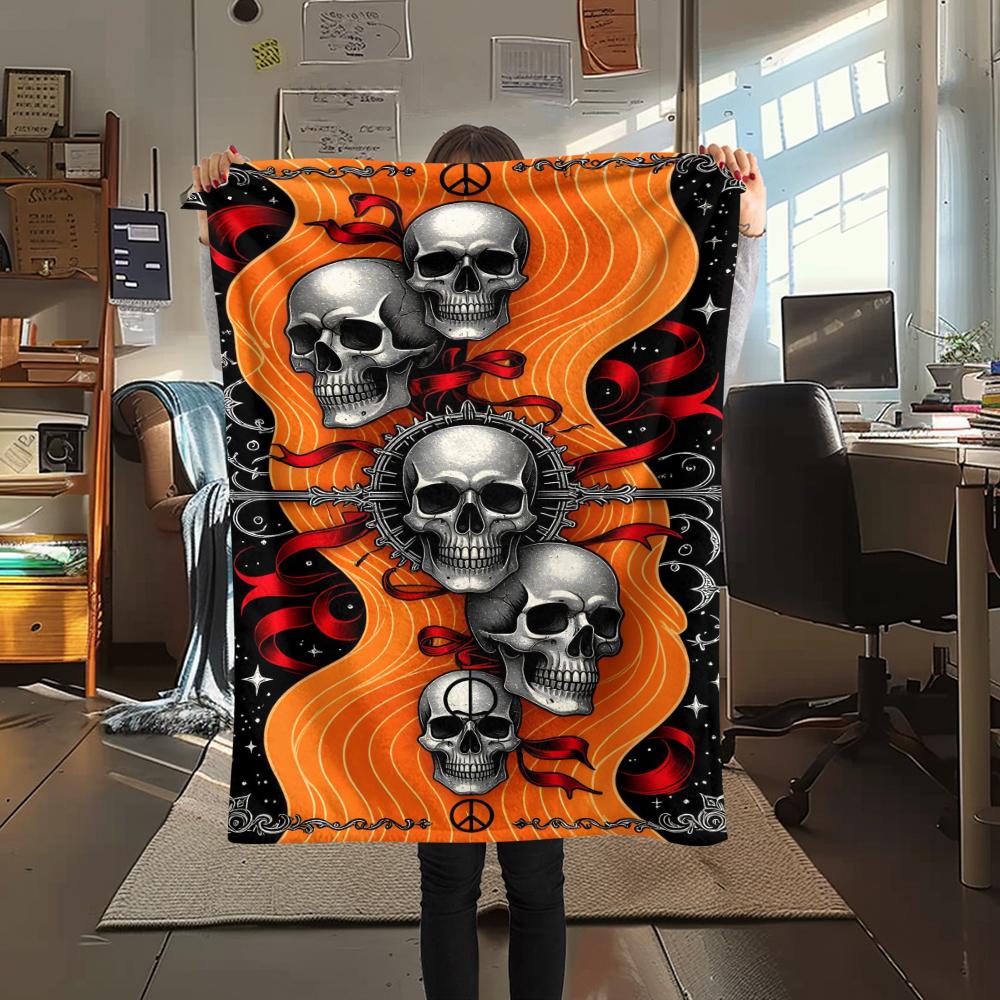 1Pc Skull Head Print Flannel Blanket, High Quality Comfortable for All Seasons, Home Decor, Warmth and Comfort, Perfect for Gifts