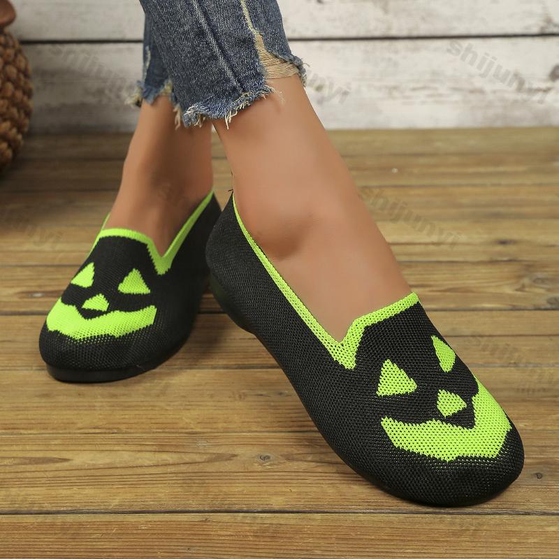 Fashion Women Fly Weave Shoes 2025 New Halloween Fashion Pumpkin Breathable Casual Shoes Lightweight Comfortable Soft Sole Slip on Flats
