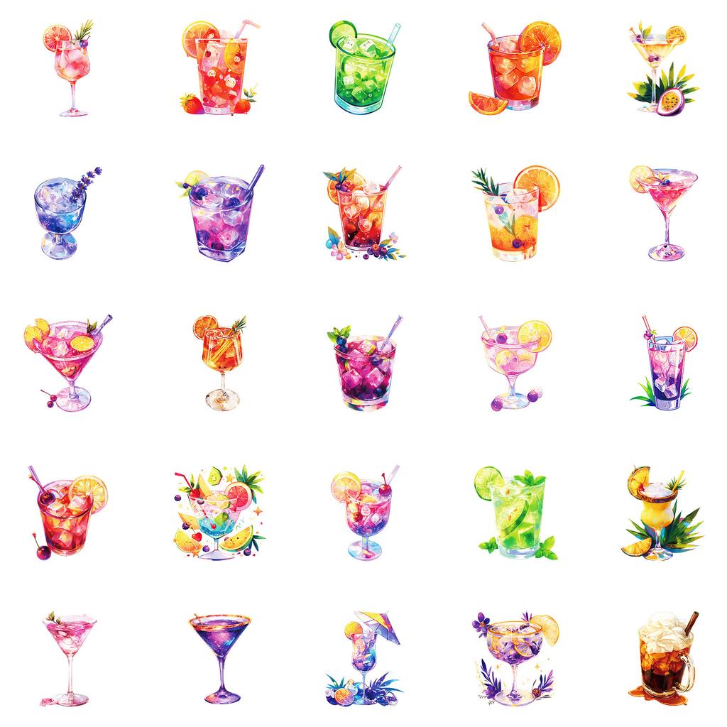 50 Beautiful Watercolor Series Of Various Cocktail Drinks Graffiti Stickers Waterproof Stickers
