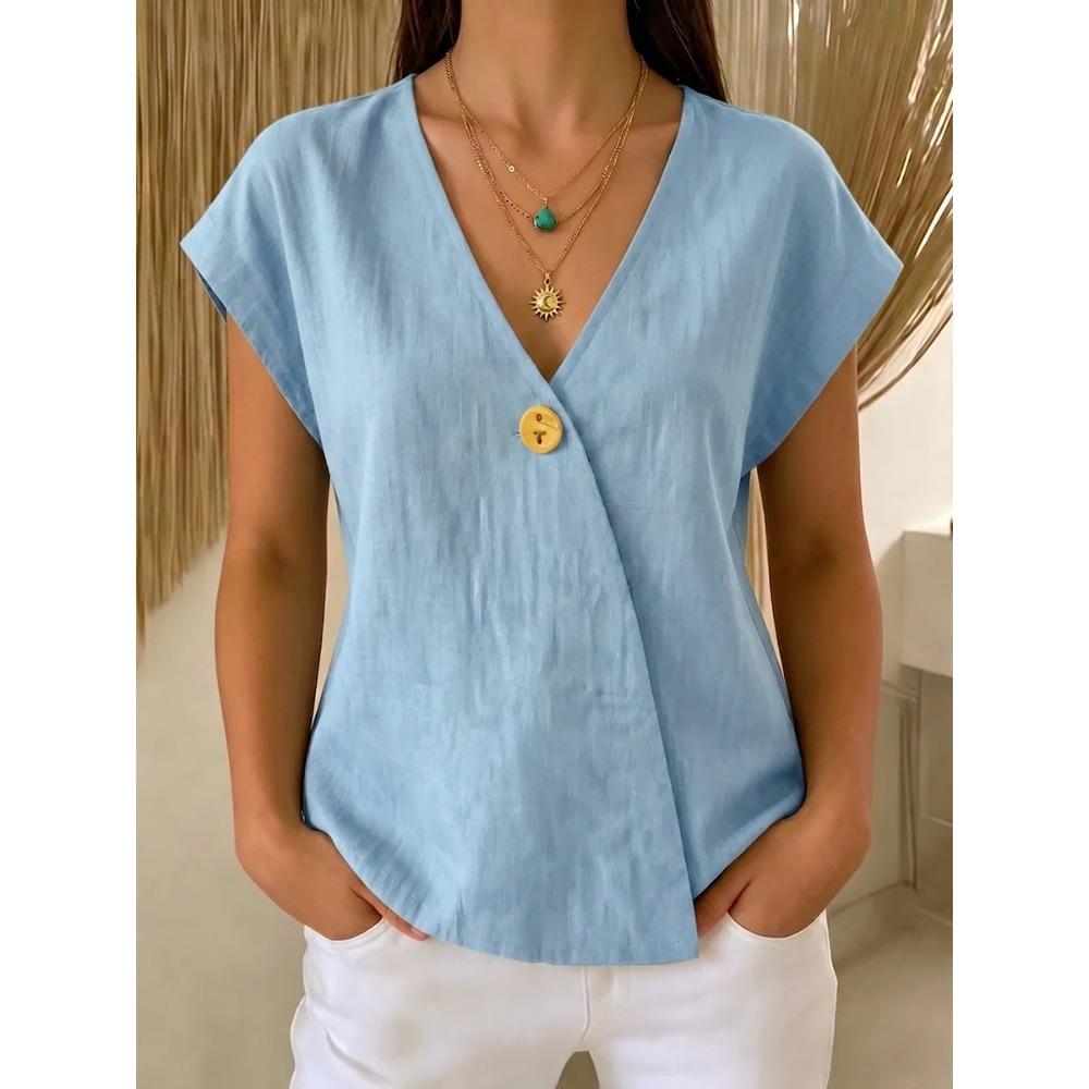 Women's V Neck Cap Sleeve Blouse Regular Fit Single Button Wrap Front Solid Linen Casual Top