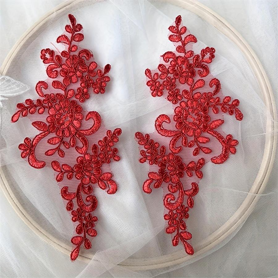 Pair of Floral Lace Applique Patches Embroidered Iron-On Decoration for Wedding Dress DIY Crafting - White