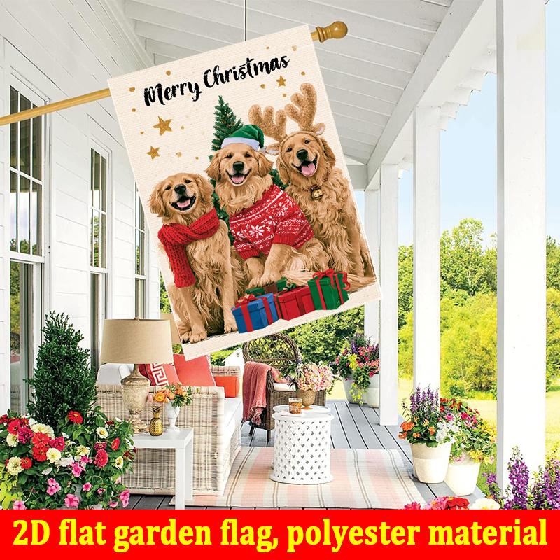2D Flat - 2D Flat - 2D Flat - Printing 1pc Christmas Golden Retriever Wearing Scarf Pattern Print Courtyard Flag - Double-Sided Garden Flag, Outdoor D