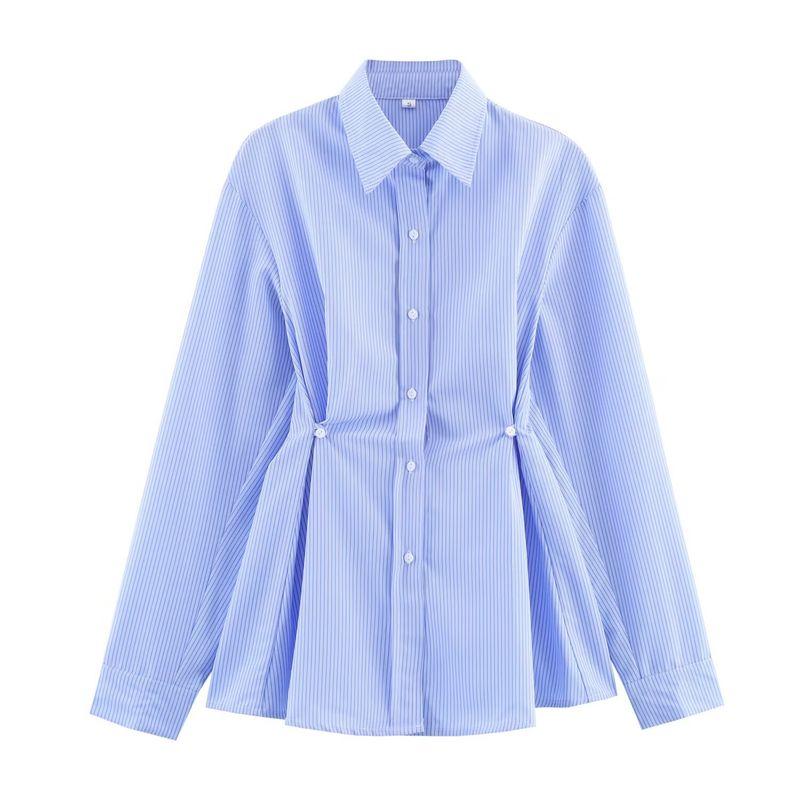 Kaslead New Women Clothes Western Style Elegant All-Match Waist Hugging Stripe Commuter Style Shirts