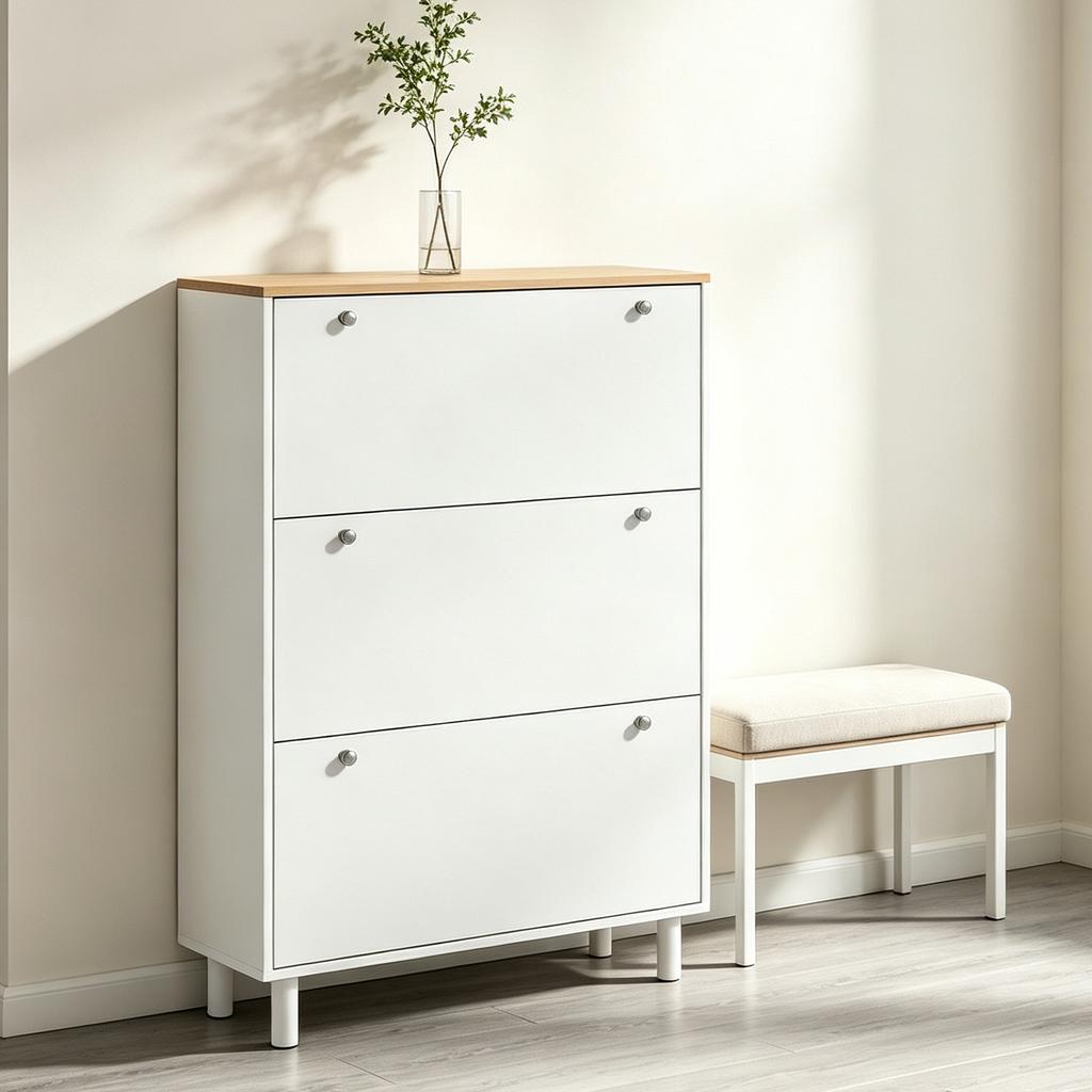 Shoe Cabinet 24 Pairs Narrow Shoe Cupboard With 3 Flip Drawers Adjustable Shelves White
