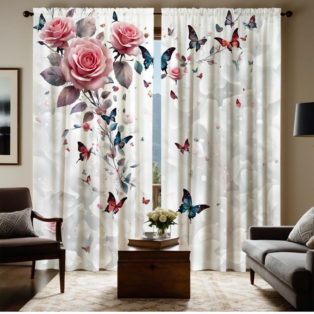 2PC Pink & Blue Rose Butterfly Sheer Curtains – HD Digital Print   Pocket Rod Top for Living Room & Bedroom – Home Decor Set