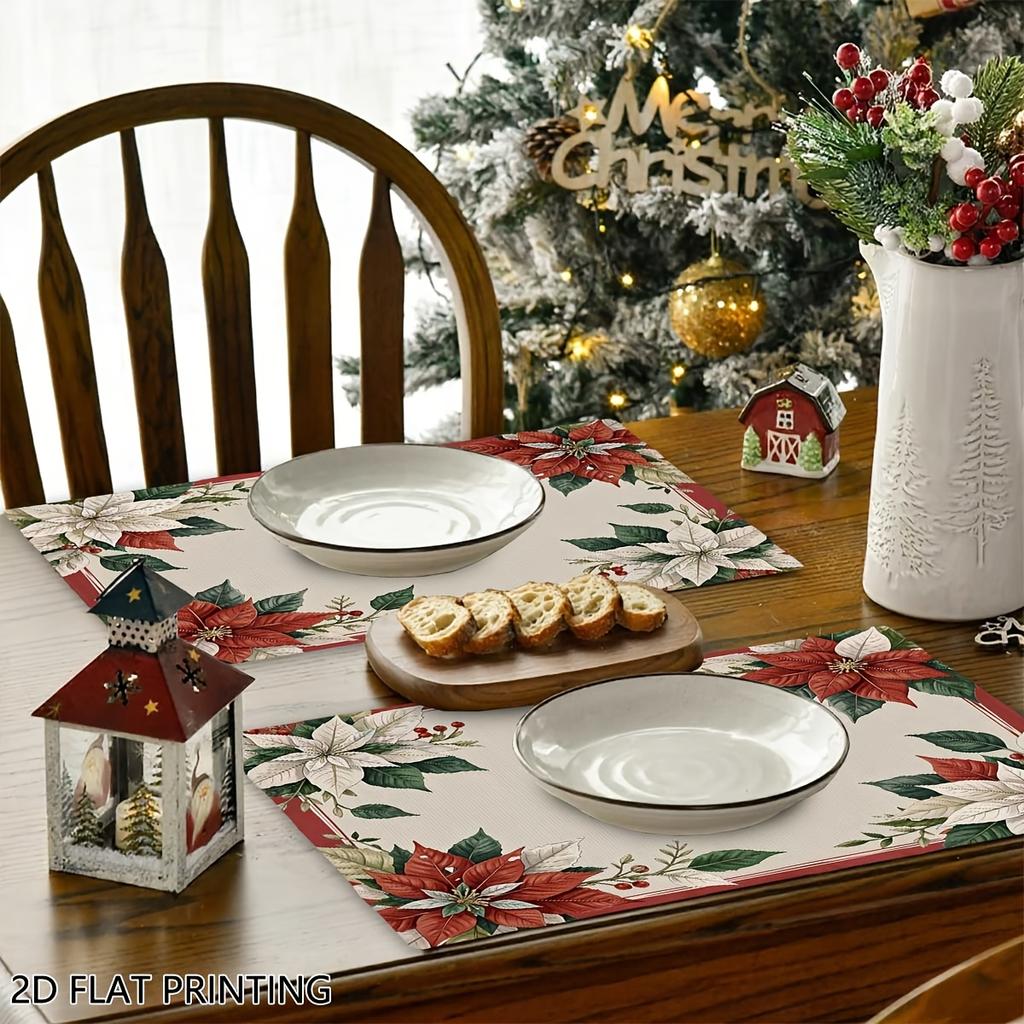 4pcs/6pcs, Christmas Poinsettia Border Table Mats, Placemats for Dining Table, Home Decoration, Suitable for Daily Holiday Kitchen Banquet Party Table