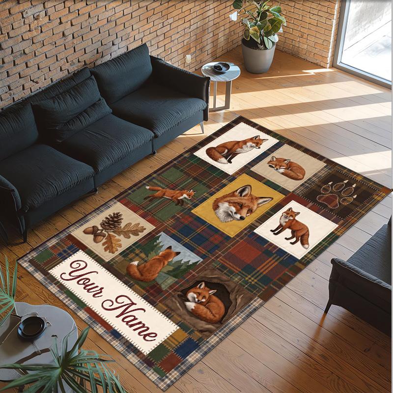 Fox Theme Crystal Velvet Floor Rug Personalized Custom Name Text Warm Carpet Home Decoration