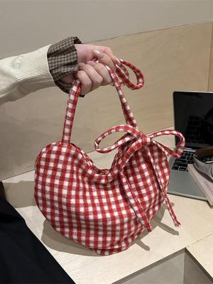 Plátěná kostkovaná crossbody taška ve tvaru srdce - Korejský styl, Velká kapacita, Univerzální taška přes rameno pro ženy a studenty