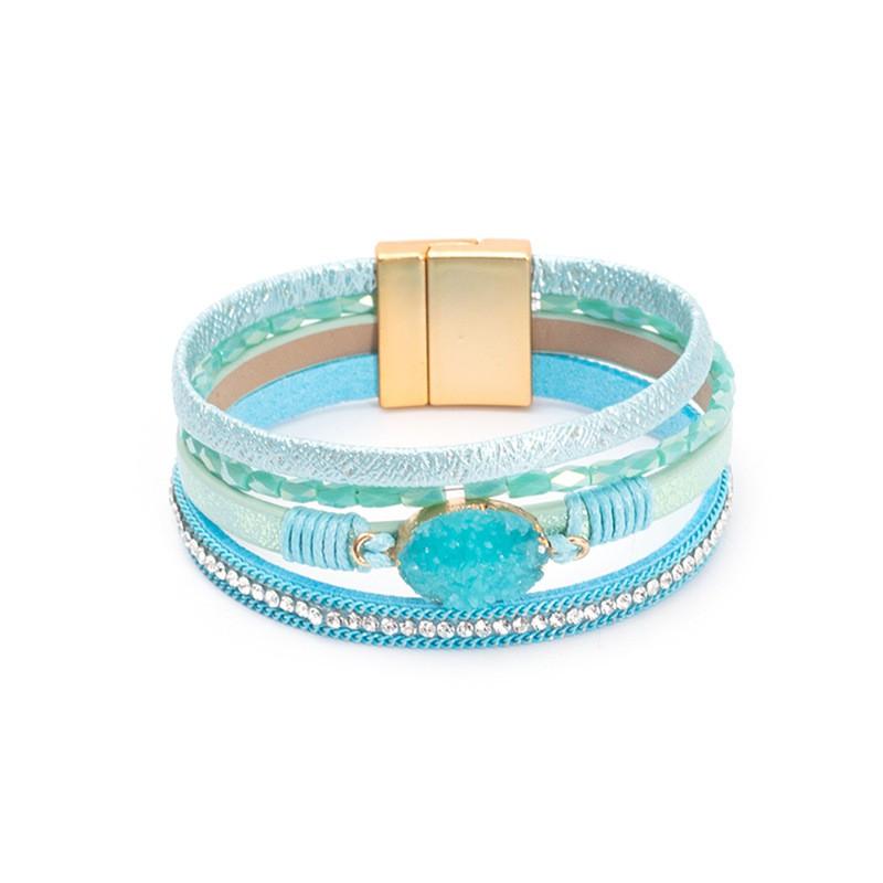 Crystal Rhinestone Vintage Ethnic Beaded Magnetic Clasp Leather PU Bracelet Women Men