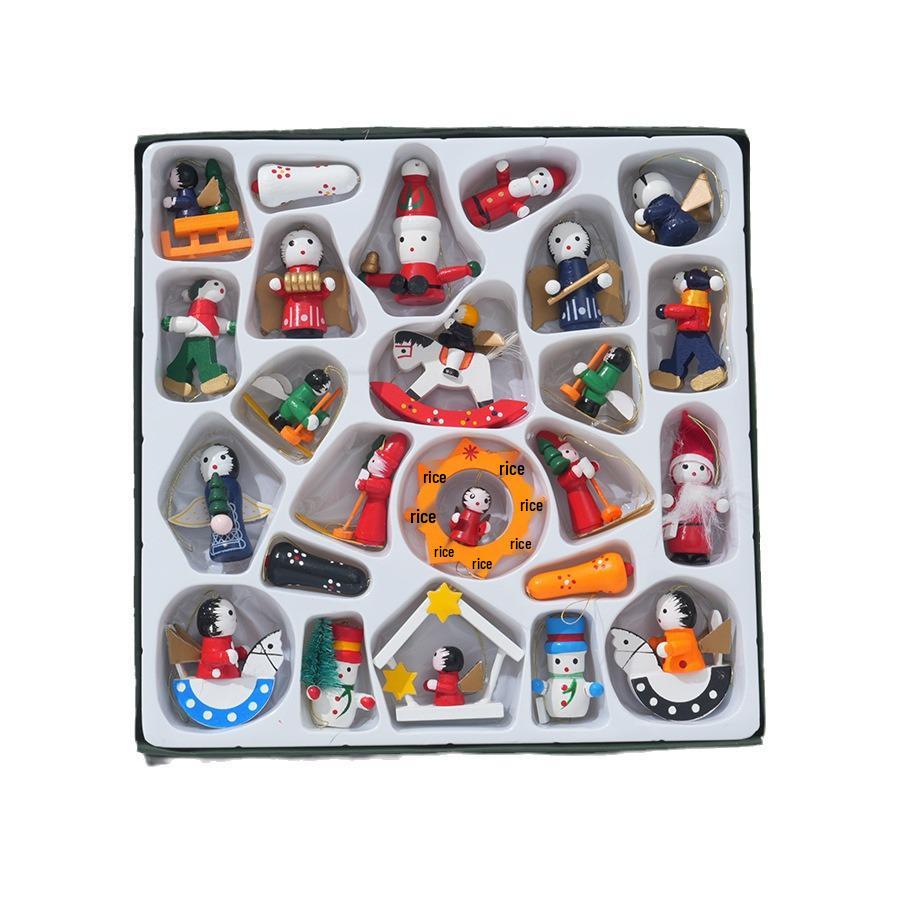 Hand-Painted Wooden Christmas Tree Ornaments Small Pendant Dolls in Box