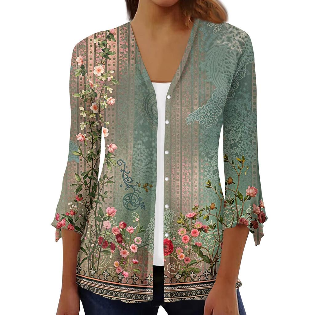 Women's Fashion Loose Casual Printed Seven-Part Sleeve Button Down Blouse Cardigan Top