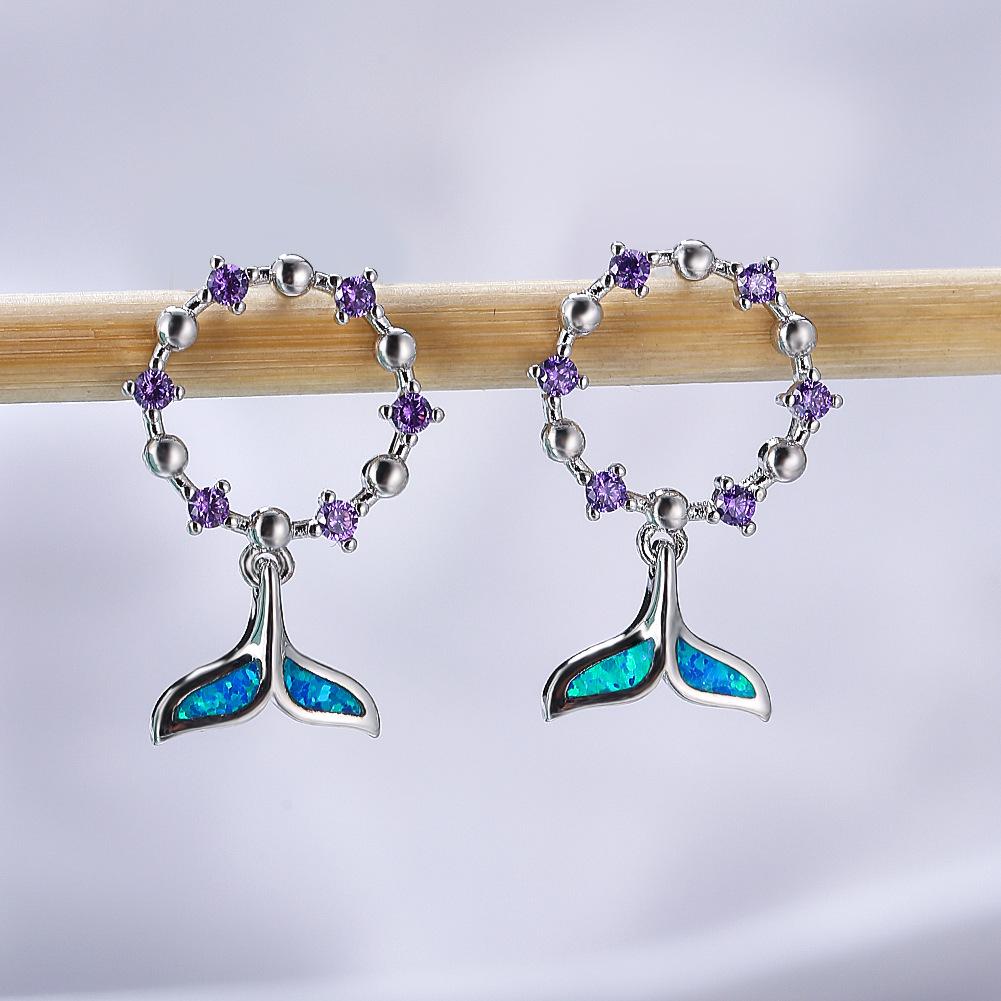 Inlaid Purple Diamond Blue Fish Tail Earrings