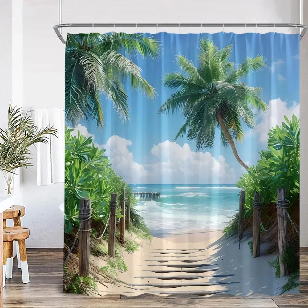 Moderní Krása Plážová Krajina Sprchový Závěs Letní Dovolená Plážová Krajina Plachtění Koupelnová Dekorace Sprchový Závěs