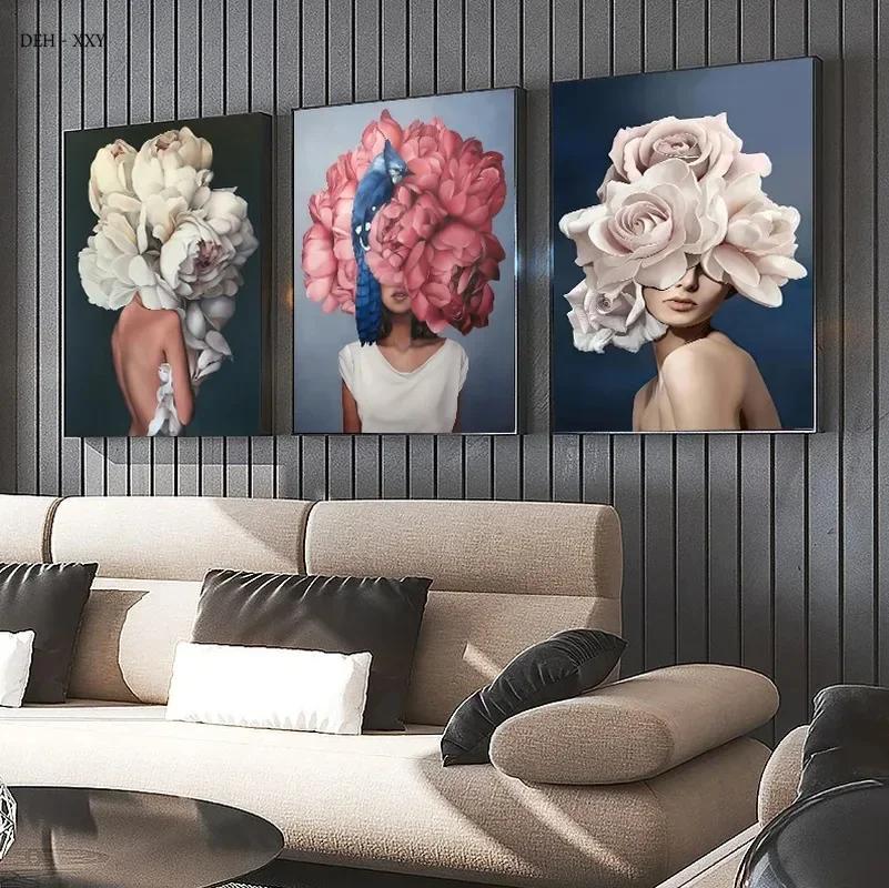 Canvas Painting Nordic Wall Art Posters Woman Head With Flowers Fashion Lady Portrait Picture Home Bedroom Decoration (No Frame)