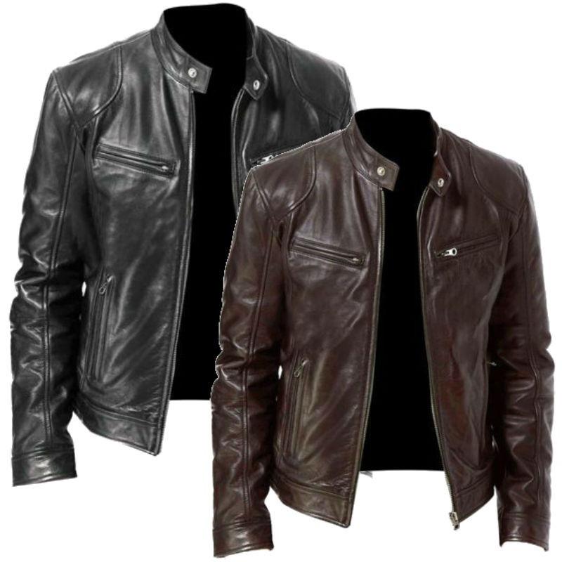 European & American Style Men's Stand-up Collar Leather Motorcycle Jacket with Logo