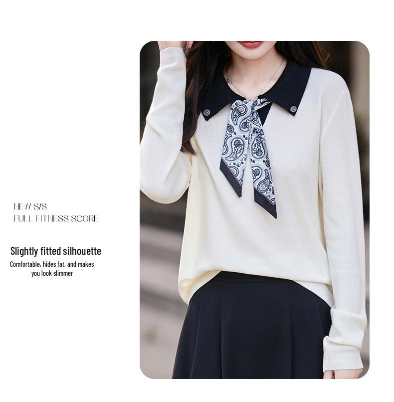 Women's French Polo Collar Knit Shirt with Scarf, Color Block Long Sleeve Autumn Sweater