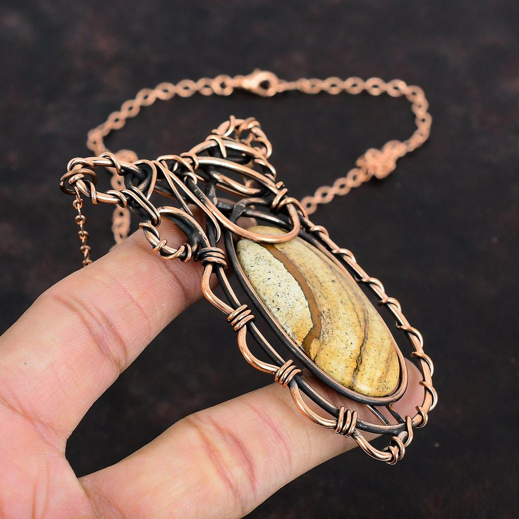 Picture Jasper Necklace Copper Wire Wrapped Necklace Gemstone Dainty Jewelry Adjustable Chain Necklace Copper Handmade Jewelry Gifts For Her