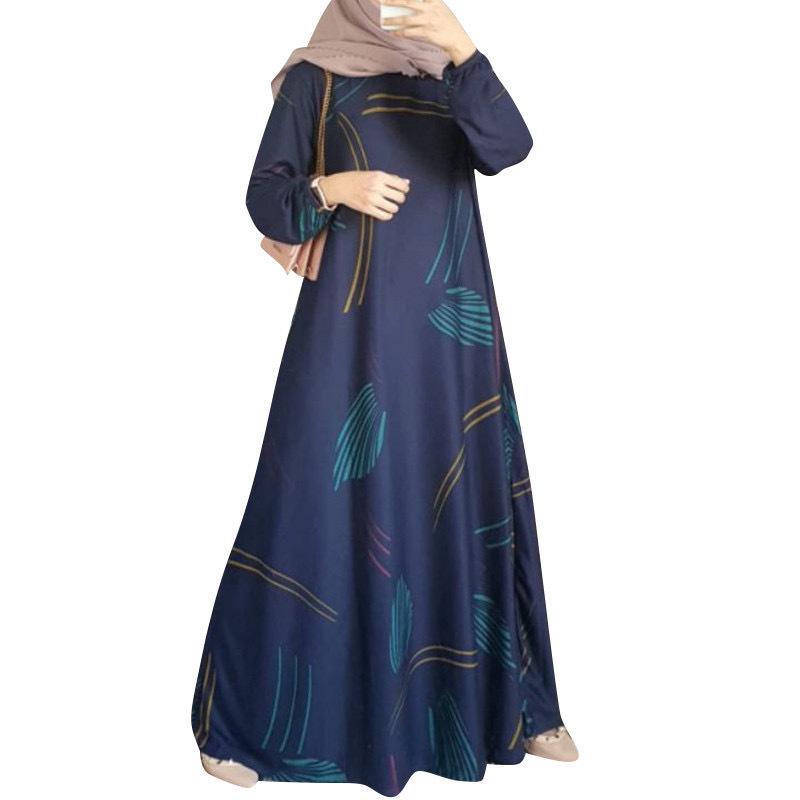 Cross-Border Printed Middle Eastern Muslim Dress with Long Sleeves and Round Neck