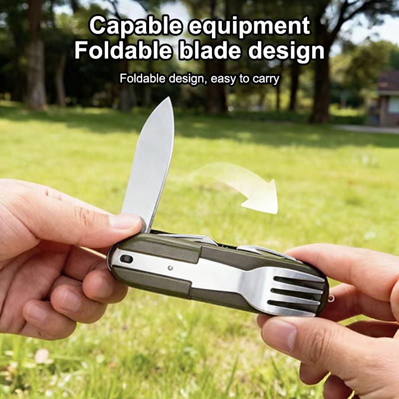 Stainless Steel 7 In 1 Camping Cutlery Set - Foldable Multifunctional Outdoor Tableware With Fork Spoon Knife For Picnic Hiking