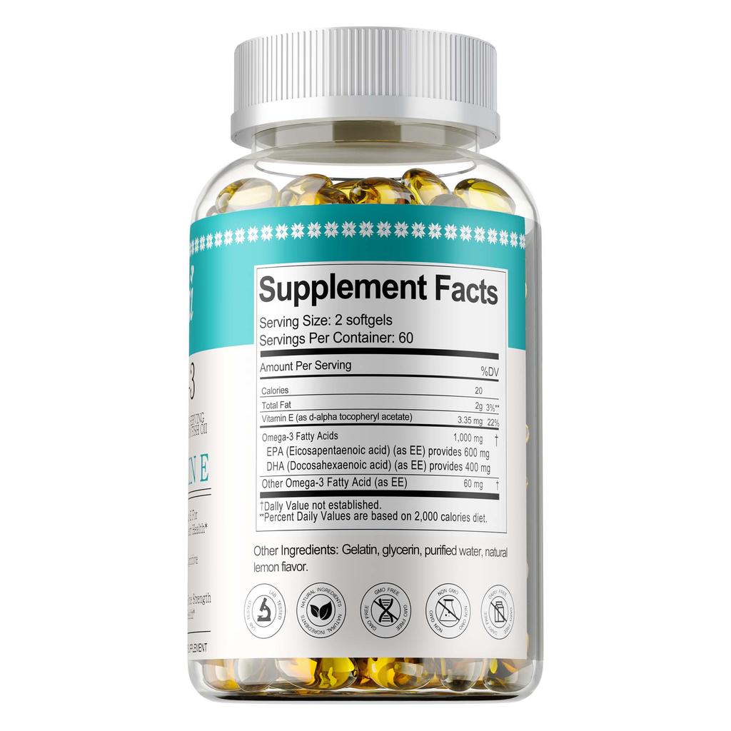 Omega-3 Tiefseefischöl-Kapseln, 1000 mg, Formuliert, Enthält Vitamin E, Hohe Reinheit, Geeignet für Männer und Frauen