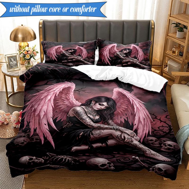 3PCS Ethereal pink Angelic skull Bedding Set,Including 1pc Duvet Cover And 2pcs Pillowcases Perfect for Bedroom, Dormitory, Fan Christmas gift