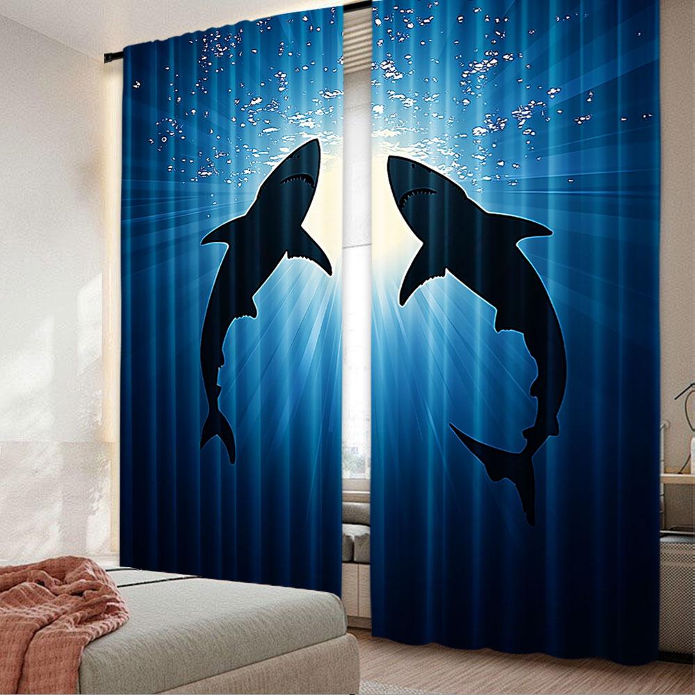 2Pcs Shark Curtains Silhouette Of The Fishes Swimming At Twilight Night Moon Mystic Sea Scenery Living Room Bedroom Window