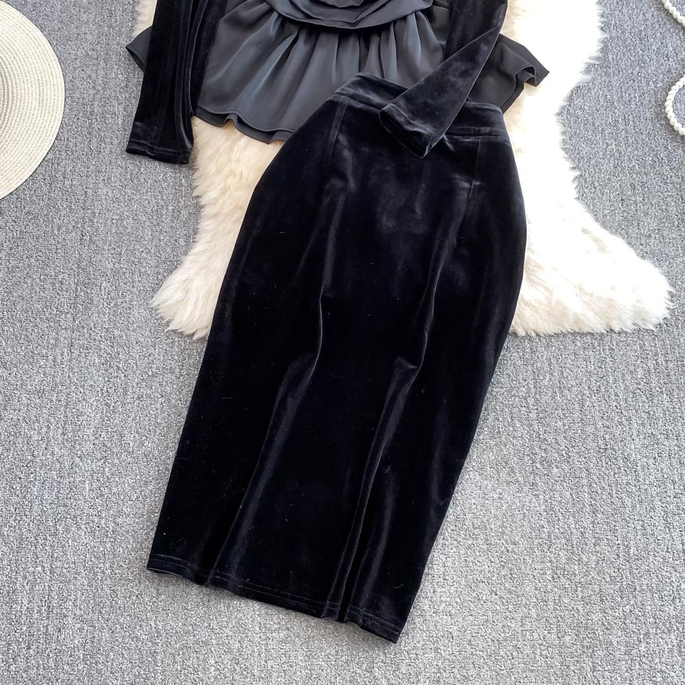 Sweet Casual Two Piece Set Women Ruffles Patchwork Shirts Solid Color High Waist Skirts Suits Autumn Winter Fashion Party Sets