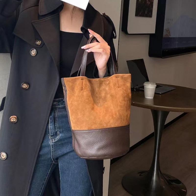 Frosted Cowhide Bucket Bag Genuine Leather Crossbody Handbag for Women