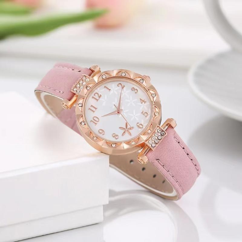 6 Peças/Conjunto Relógio Feminino Moda Flores Pulseira de Couro Relógios Analógicos de Quartzo Conjunto de Joias Borboleta(Sem caixa)