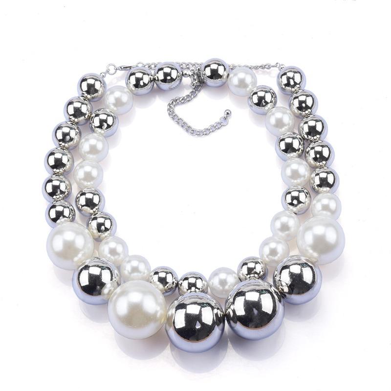Silver-white Round Pearl Necklace, Cold Wind Exaggerated Double-layer Design Collarbone Chain Female