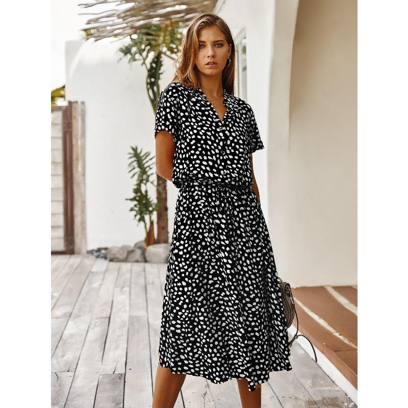 fashion women's clothing, Amazon's summer polka dot short-sleeved medium and long dress