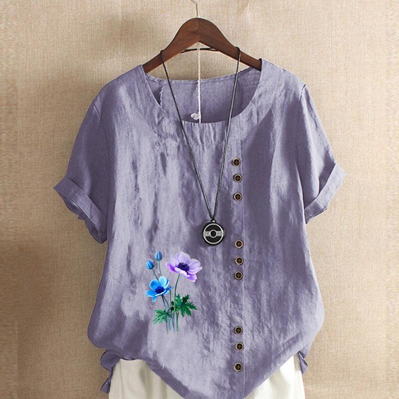 Women's Fashion Round Neck Short Sleeve T-shirt Casual Cotton Linen Graphic Shirt Leisure Loose Flowers Prined Summer Blouse Tops