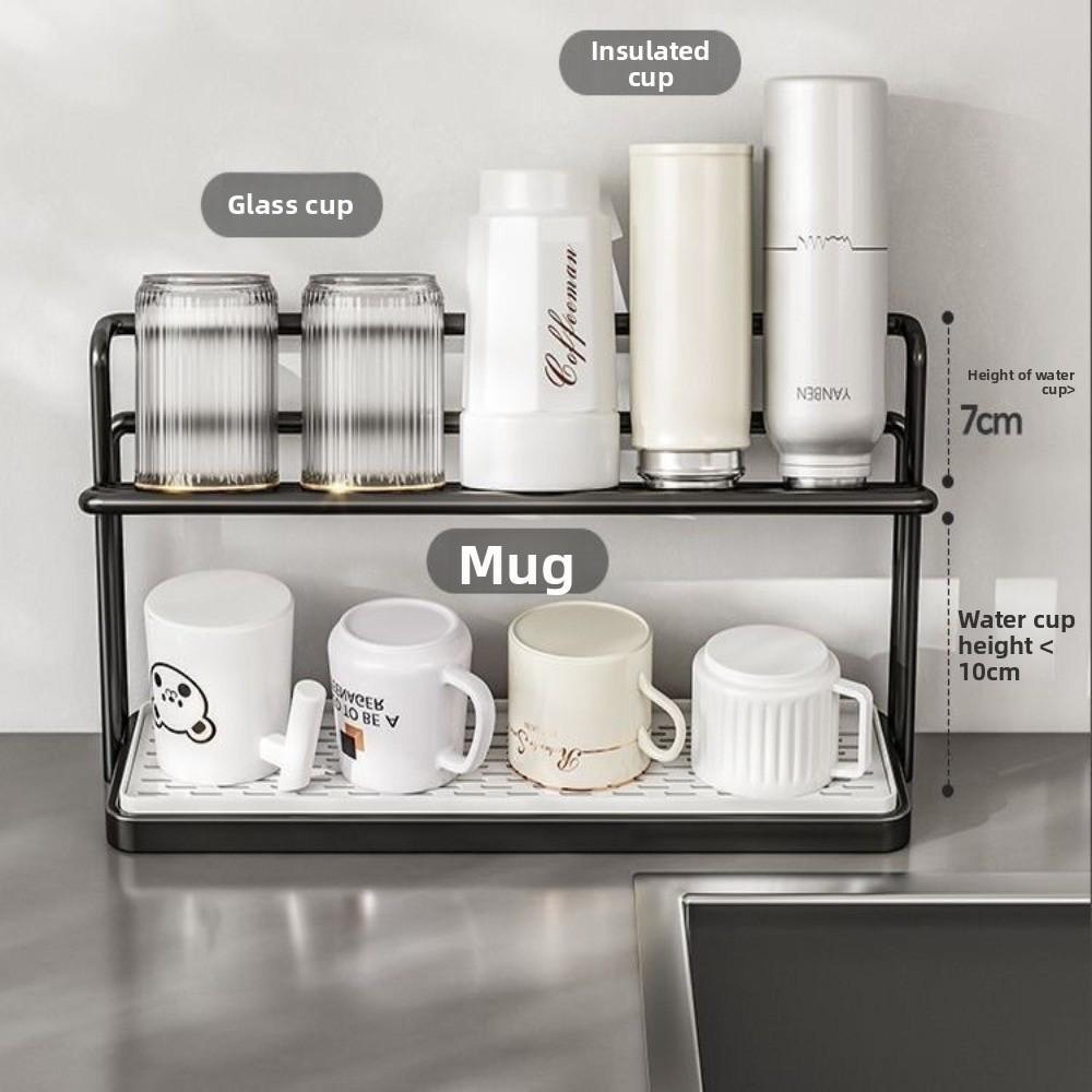 Sink Storage Rack 2Layer Cup Storage Rack Carbon Steel Cup Storage Tray Drain Cup Rack  Home