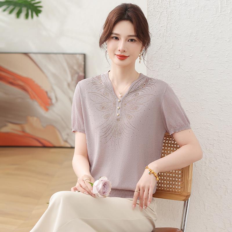 Stylish Ice Silk Short-Sleeve Top & Cardigan for Middle-Aged Women - Summer 2026 Collection