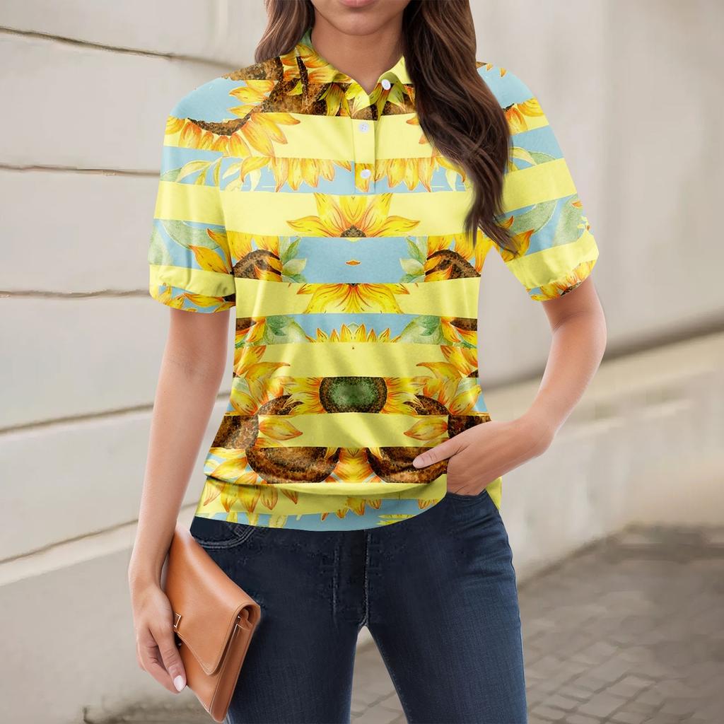 Kvinners uformelle blomstertrykk V-hals kortermet dekorativ knapp T-skjorte topp