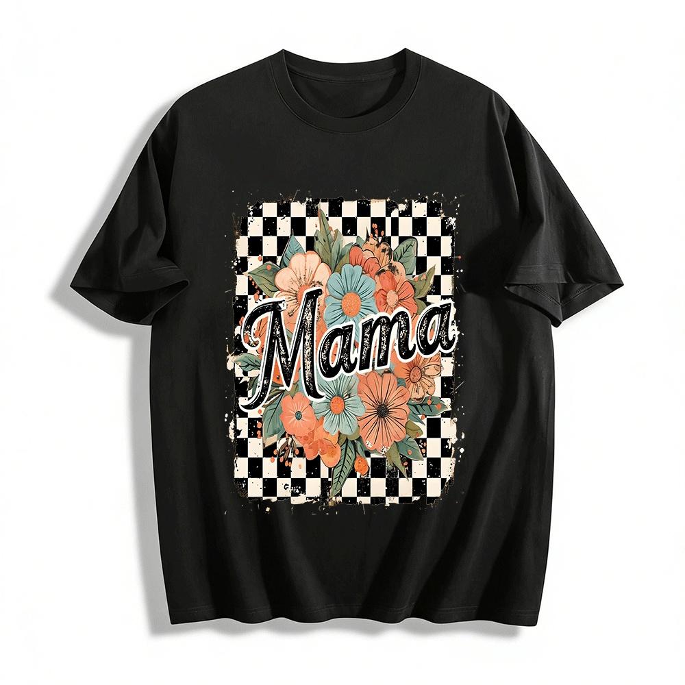 

Vintage Checkered Floral Mama Print Casual Loose Short Sleeve Top Pure cotton T-shirt XXS