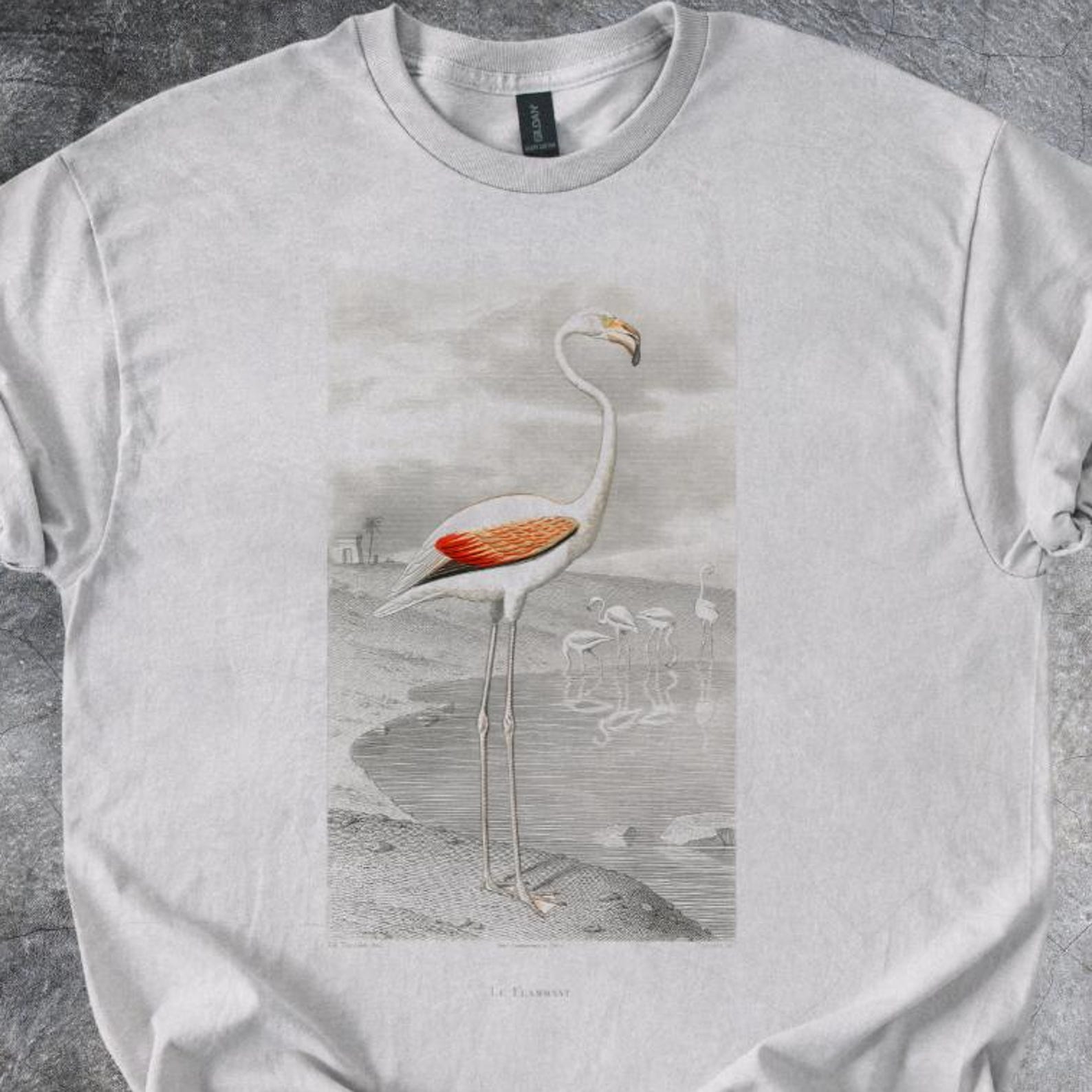Flamingo Standing Shirt Coastal Bird Illustration Tshirt Cotton Style Tee Short Sleeve Gray 120