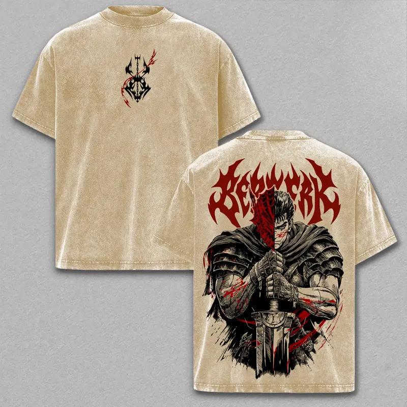 Hot Anime Berserk Guts Clothing Men Women Short Sleeve Tshirts Washed Cotton Tee Retro Oversized T-shirt Harajuku Unisex T Shirt