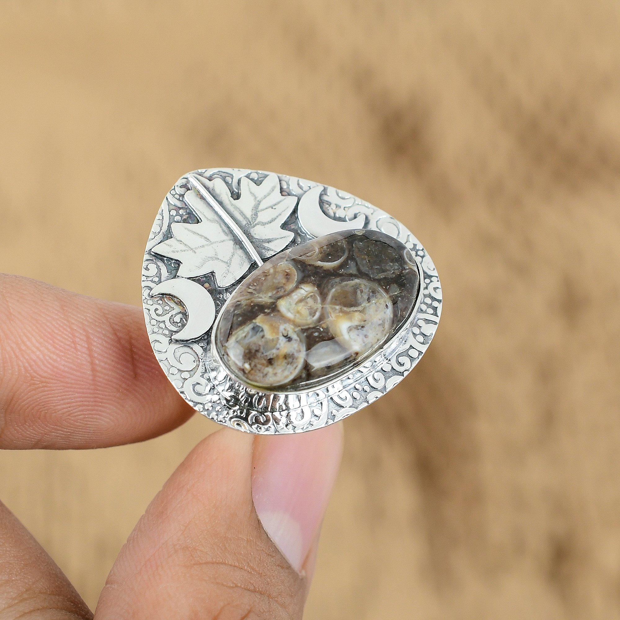 

Turritella Agate Gemstone Sterling Silver Engagement Cresent Moon Ring Jewelry Yes