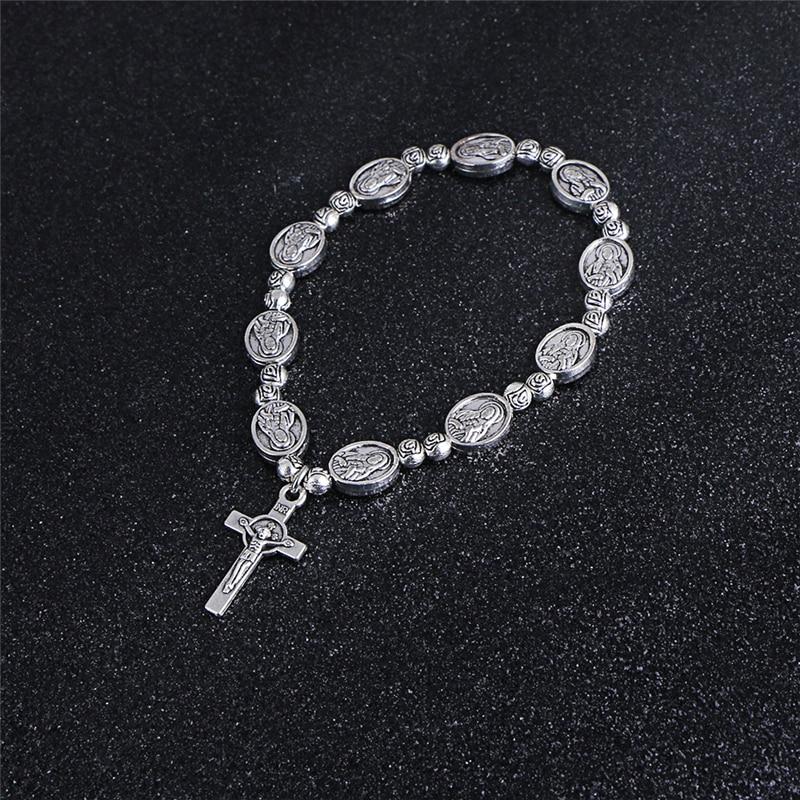 Handmade Rosary Bracelet Elasticated Metal Bracelet  Round Rose Alloy Beads Catholic Saints Images Prayer Bracelets