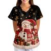Women's Christmas Print Loose Fit V-Neck Short Sleeve Scrub Top with Pockets for Work