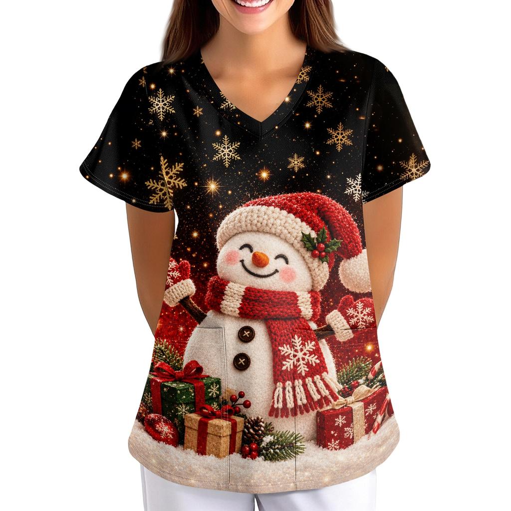Women's Christmas Print Loose Fit V-Neck Short Sleeve Scrub Top with Pockets for Work
